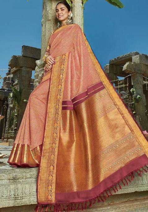 Pink Handloom Natural Dyed Swastik Kamalam Motif Kanchipuram Tissue Silk Saree With Buttas And Brocade Design For Women