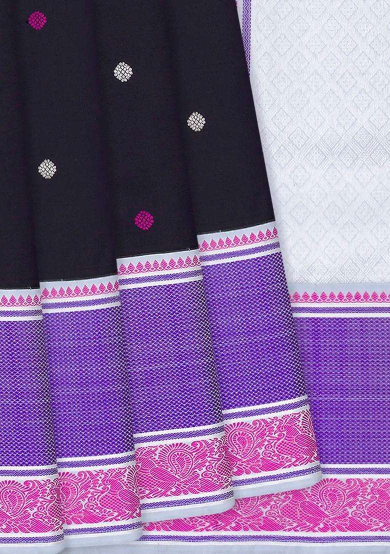 Black Handloom Kanchipuram Korvai Silk Saree With Floral Motifs Black With Korvai And Temple Border Design For Women - Indya