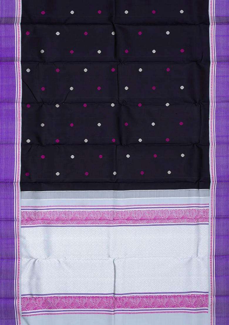 Black Handloom Kanchipuram Korvai Silk Saree With Floral Motifs Black With Korvai And Temple Border Design For Women - Indya