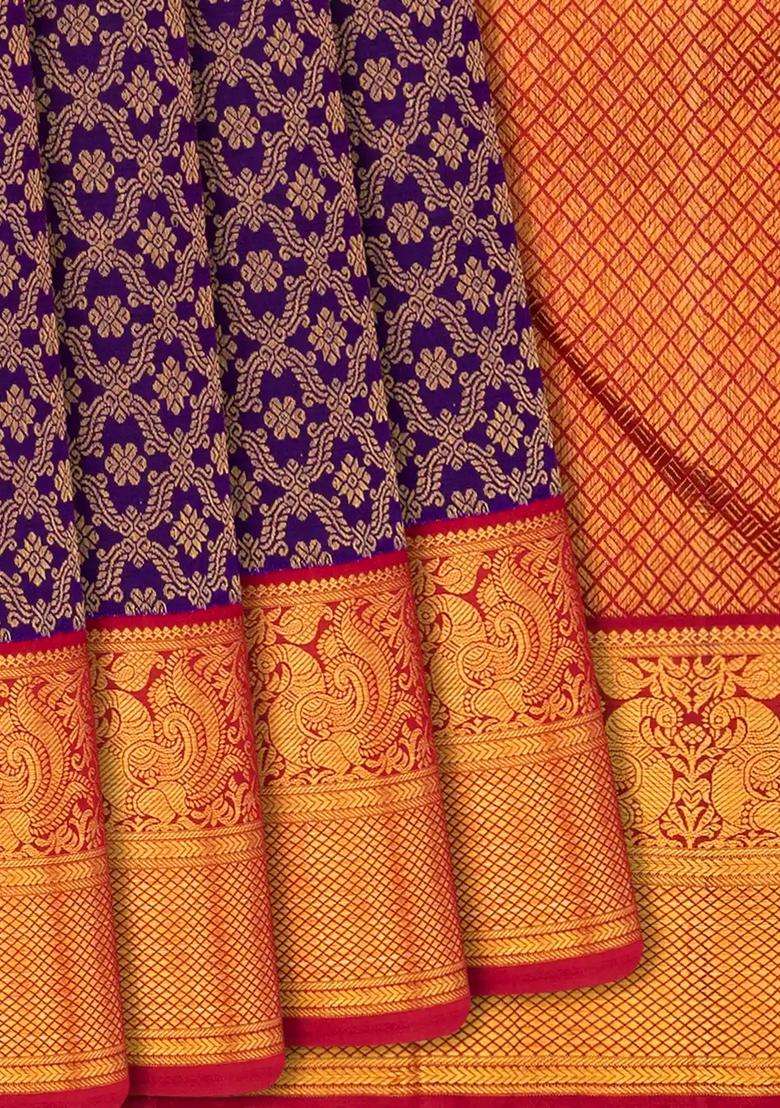 Violet Handloom Kanchipuram Korvai Silk Saree With Floral Motifs Violet With Korvai And Temple Border Design For Women - Indya
