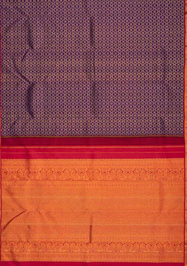 Violet Handloom Kanchipuram Korvai Silk Saree With Floral Motifs Violet With Korvai And Temple Border Design For Women - Indya