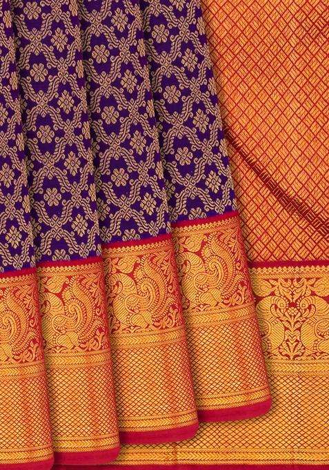 Violet Handloom Kanchipuram Korvai Silk Saree With Floral Motifs Violet With Korvai And Temple Border Design For Women