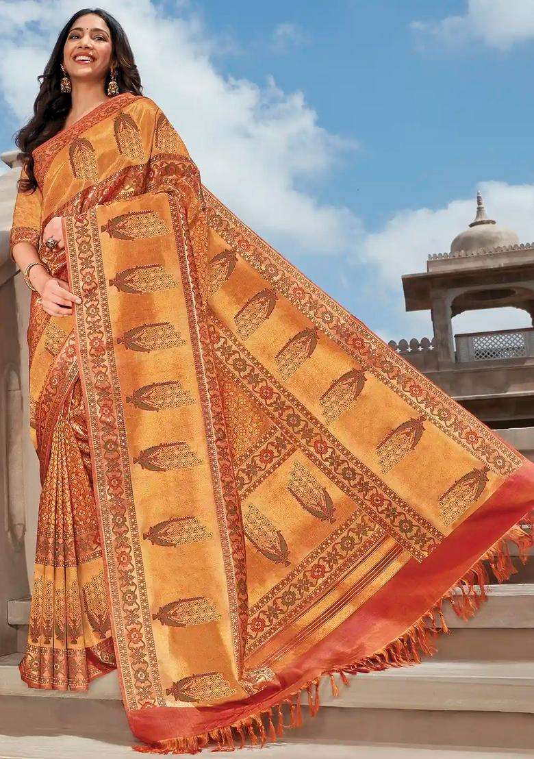 Honey Rust Handwoven Natural Dyed Kanchipuram Floral Amarvel Motif Paithani Pure Silk Saree Rust With Traditional Woven Design For Women - Indya