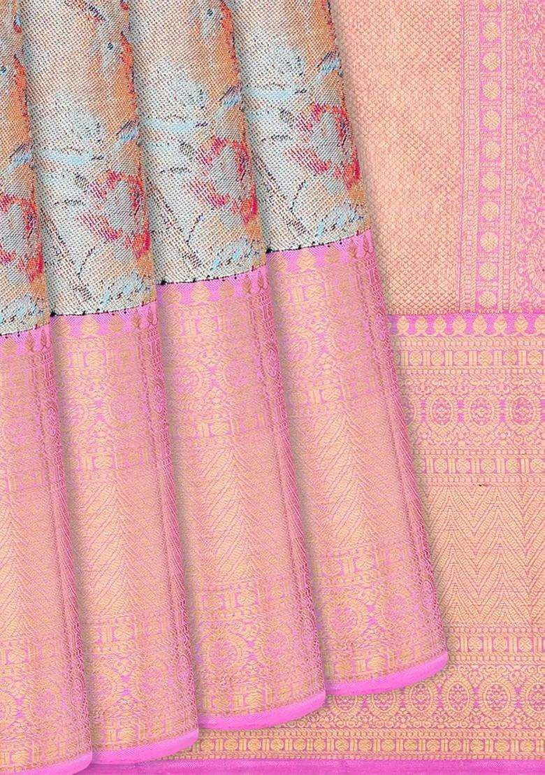 Multi Colour Handloom Kanchipuram Silk Saree With Peacock Motifs Multi Colour With Buttas And Brocade Design For Women - Indya