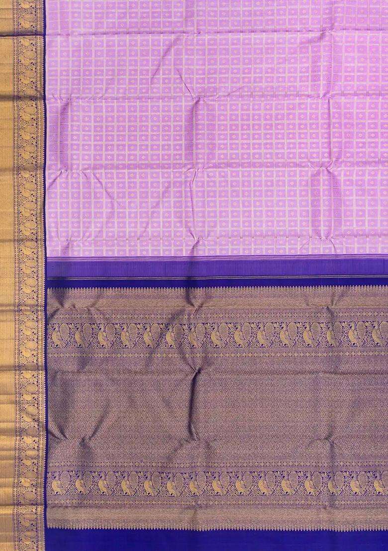 Lavender Handloom Kanchipuram Korvai Silk Saree With Zari Checks Lavander With Korvai And Temple Border Design For Women - Indya
