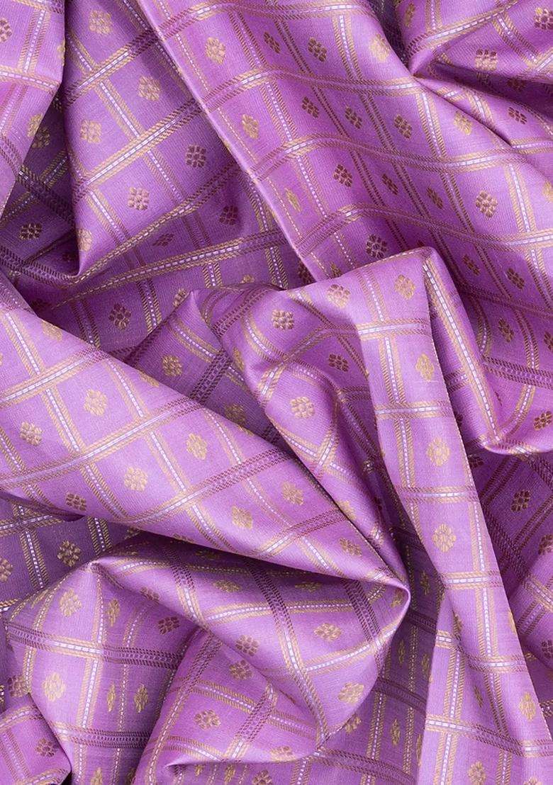 Lavender Handloom Kanchipuram Korvai Silk Saree With Zari Checks Lavander With Korvai And Temple Border Design For Women - Indya