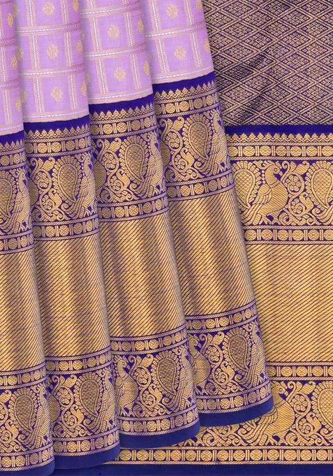Lavender Handloom Kanchipuram Korvai Silk Saree With Zari Checks Lavander With Korvai And Temple Border Design For Women