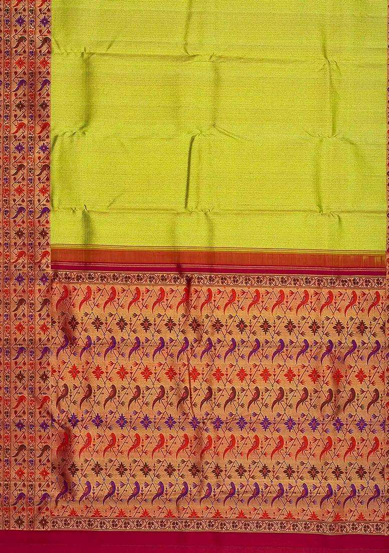 Golden Handloom Kanchipuram Silk Saree With Meena Parrot Motifs Gold With Buttas And Brocade Design For Women - Indya