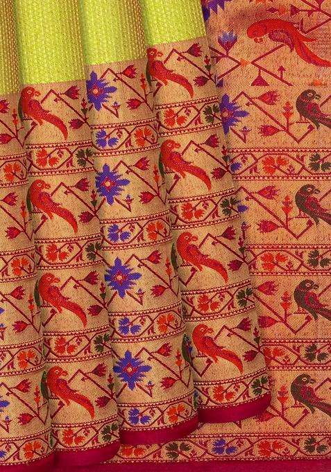 Golden Handloom Kanchipuram Silk Saree With Meena Parrot Motifs Gold With Buttas And Brocade Design For Women