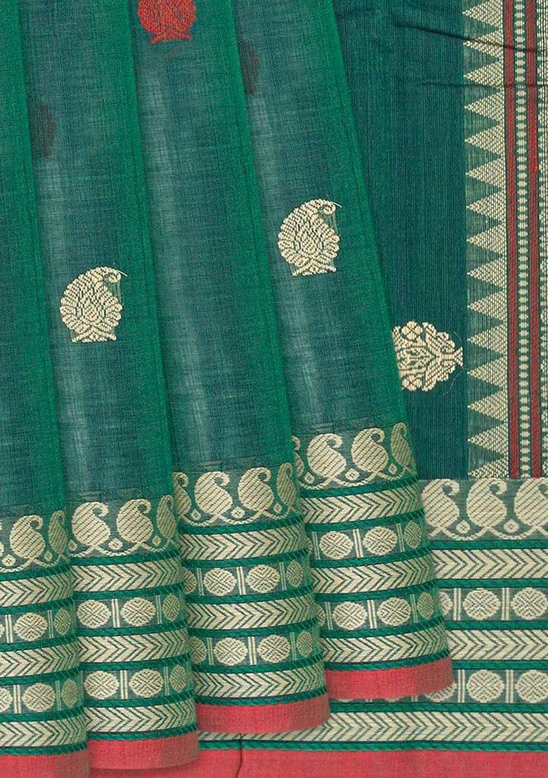 Sea Green Handloom Kanchi Cotton Saree With Mango Buttas Sea Green With Buttas And Brocade Design For Women - Indya
