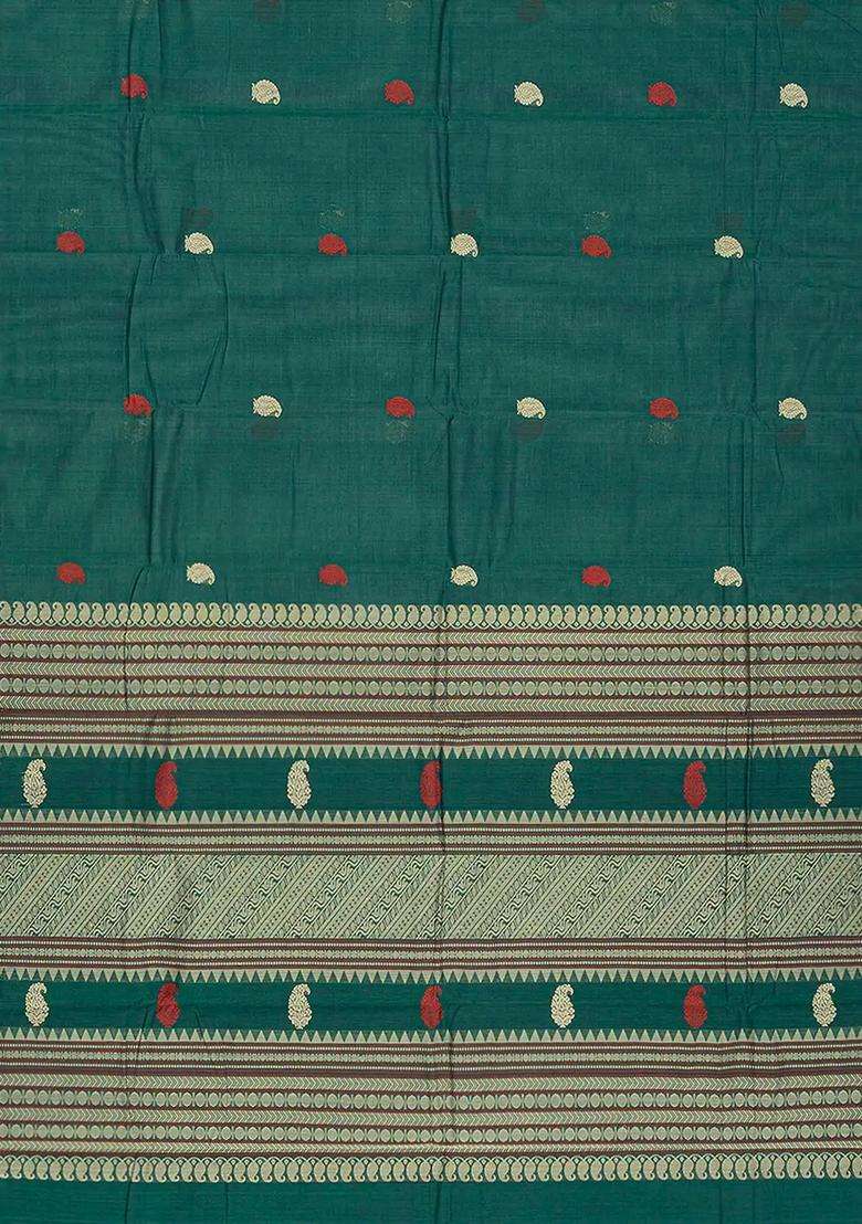 Sea Green Handloom Kanchi Cotton Saree With Mango Buttas Sea Green With Buttas And Brocade Design For Women - Indya