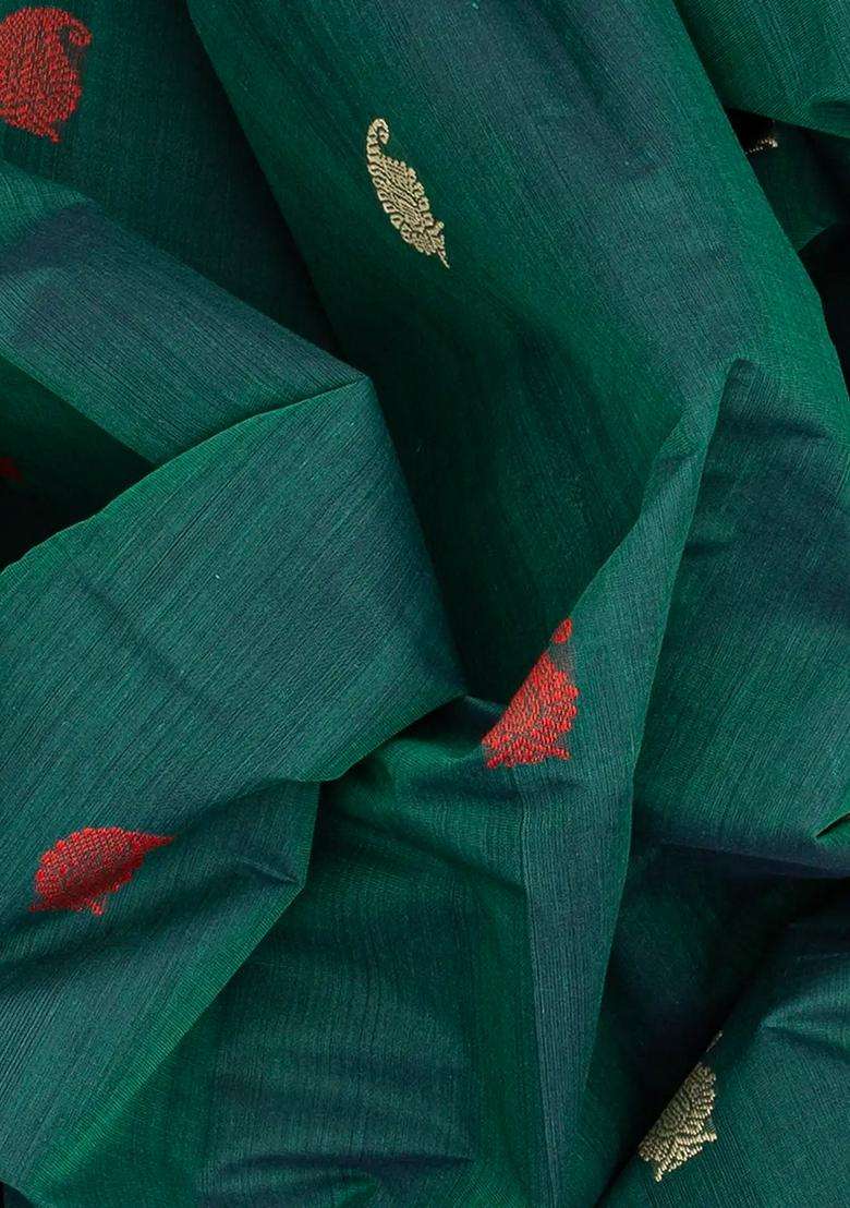 Sea Green Handloom Kanchi Cotton Saree With Mango Buttas Sea Green With Buttas And Brocade Design For Women - Indya