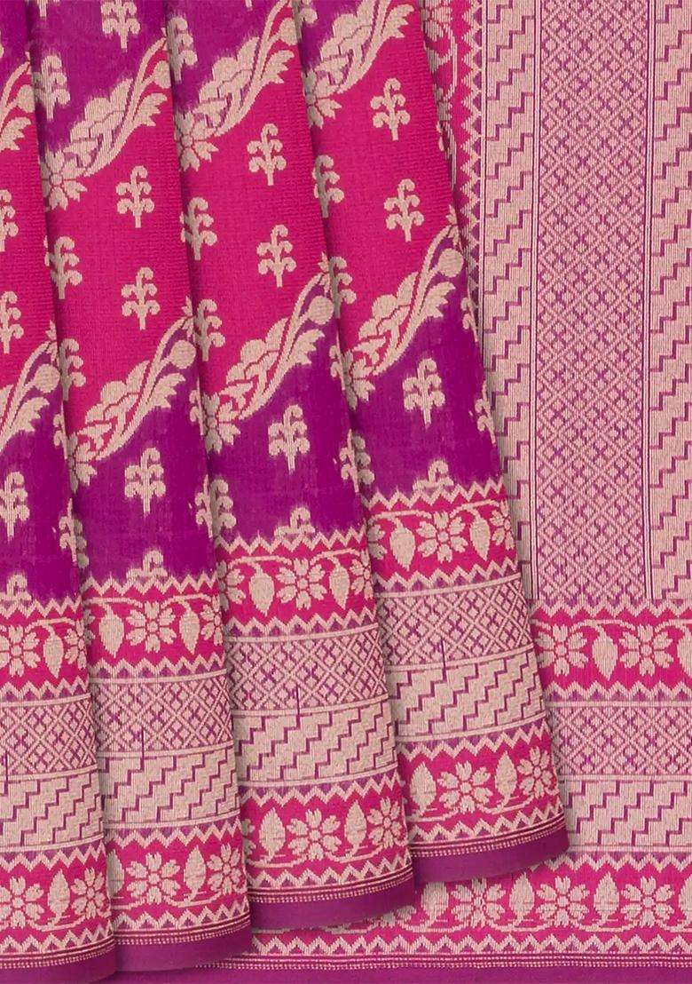 Pink Handwoven Banarasi Rangkat Organza Silk Saree With Floral Motifs Pink With Buttas And Brocade Design For Women - Indya