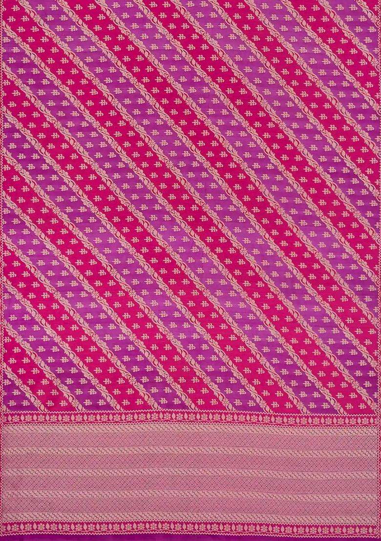 Pink Handwoven Banarasi Rangkat Organza Silk Saree With Floral Motifs Pink With Buttas And Brocade Design For Women - Indya