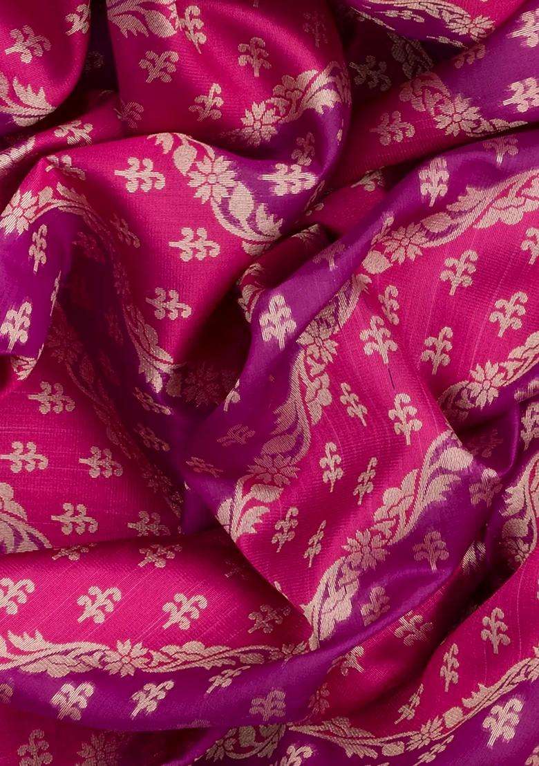 Pink Handwoven Banarasi Rangkat Organza Silk Saree With Floral Motifs Pink With Buttas And Brocade Design For Women - Indya
