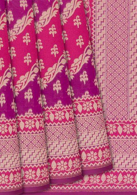 Pink Handwoven Banarasi Rangkat Organza Silk Saree With Floral Motifs Pink With Buttas And Brocade Design For Women