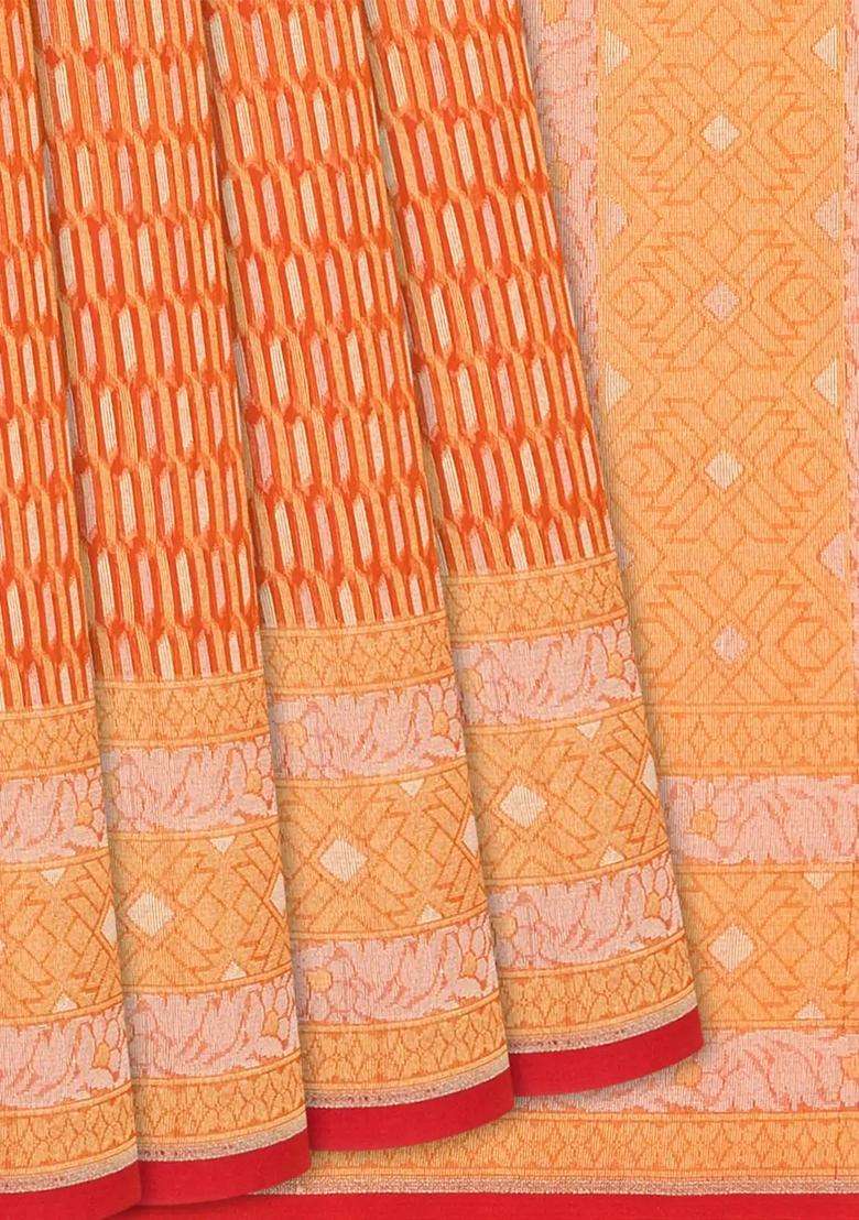 Red Handwoven Banarasi Organza Silk Saree With Floral Motifs Red With Buttas And Brocade Design For Women - Indya
