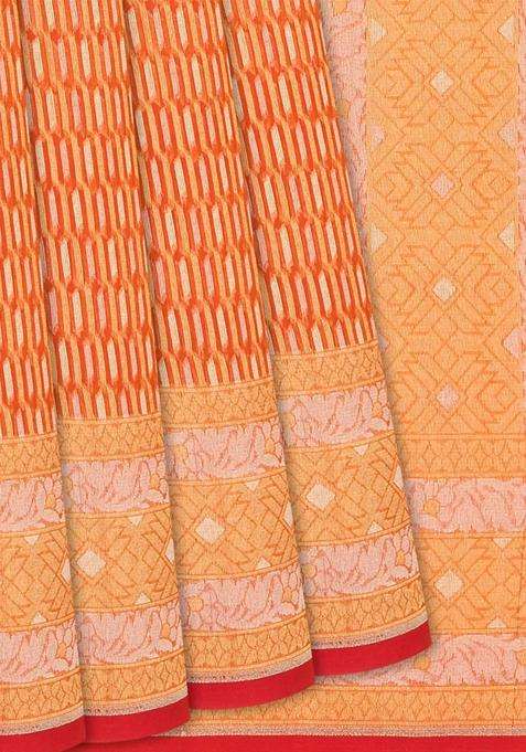 Red Handwoven Banarasi Organza Silk Saree With Floral Motifs Red With Buttas And Brocade Design For Women