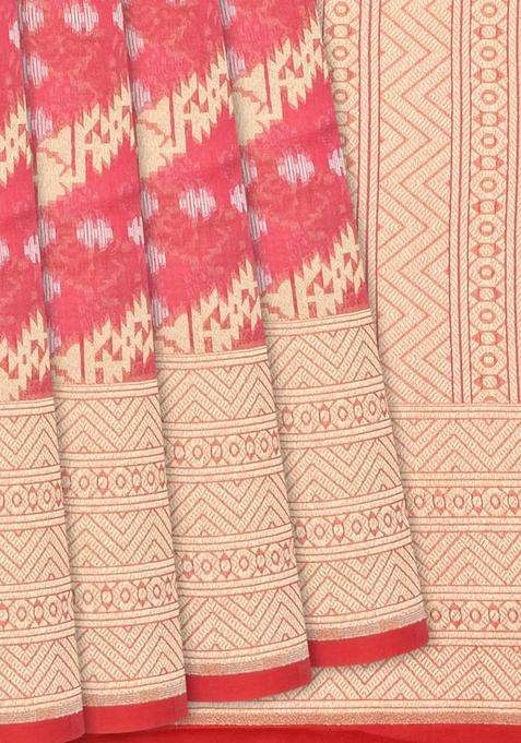 Peach Handwoven Banarasi Organza Silk Saree With Floral Motifs Peach With Buttas And Brocade Design For Women