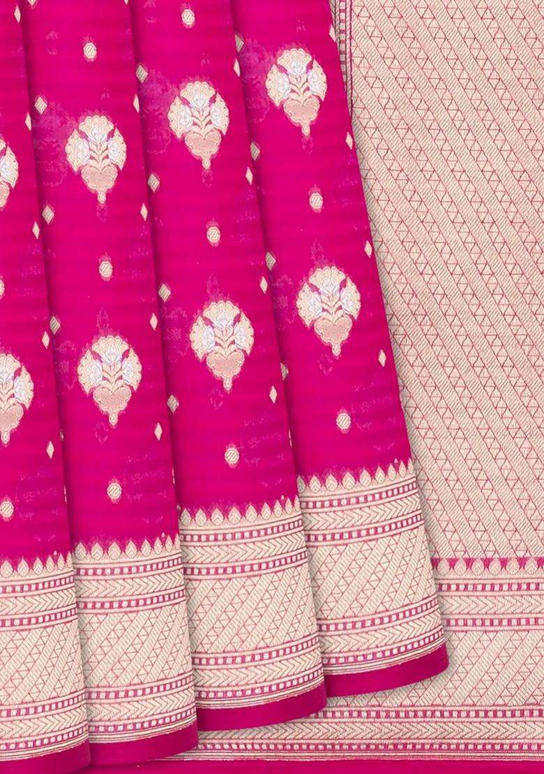 Hot Pink Handwoven Banarasi Organza Silk Saree With Floral Motifs Hot Pink With Buttas And Brocade Design For Women - Indya