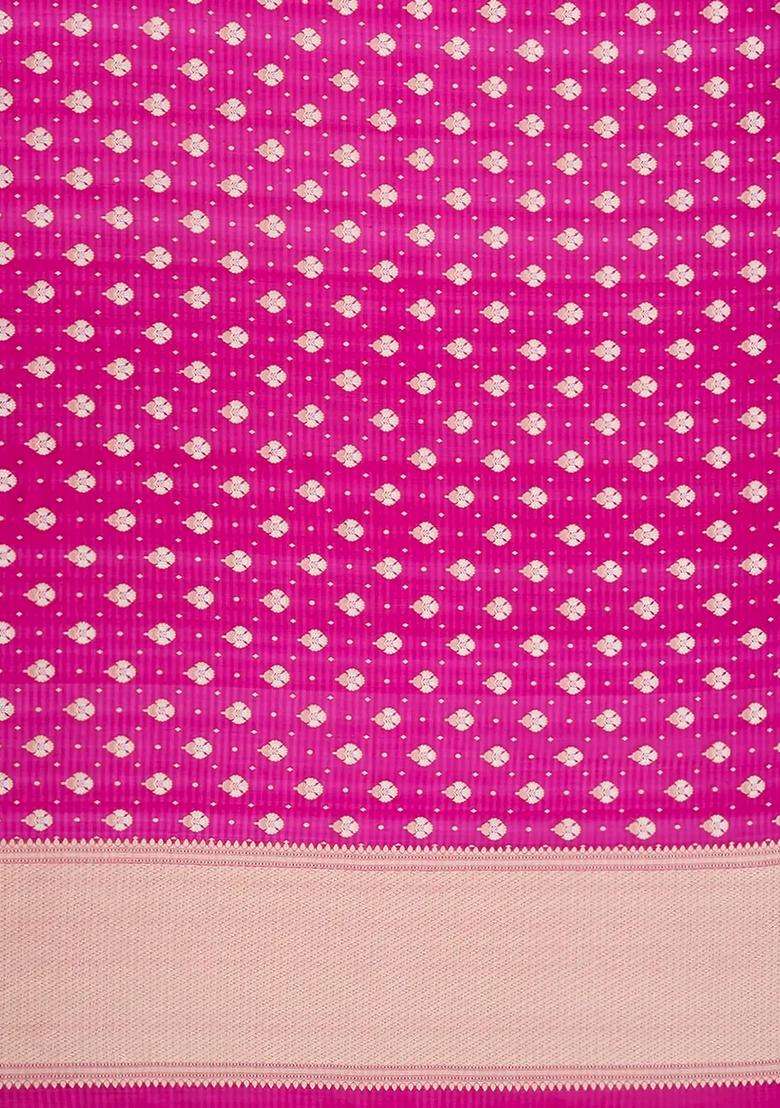 Hot Pink Handwoven Banarasi Organza Silk Saree With Floral Motifs Hot Pink With Buttas And Brocade Design For Women - Indya