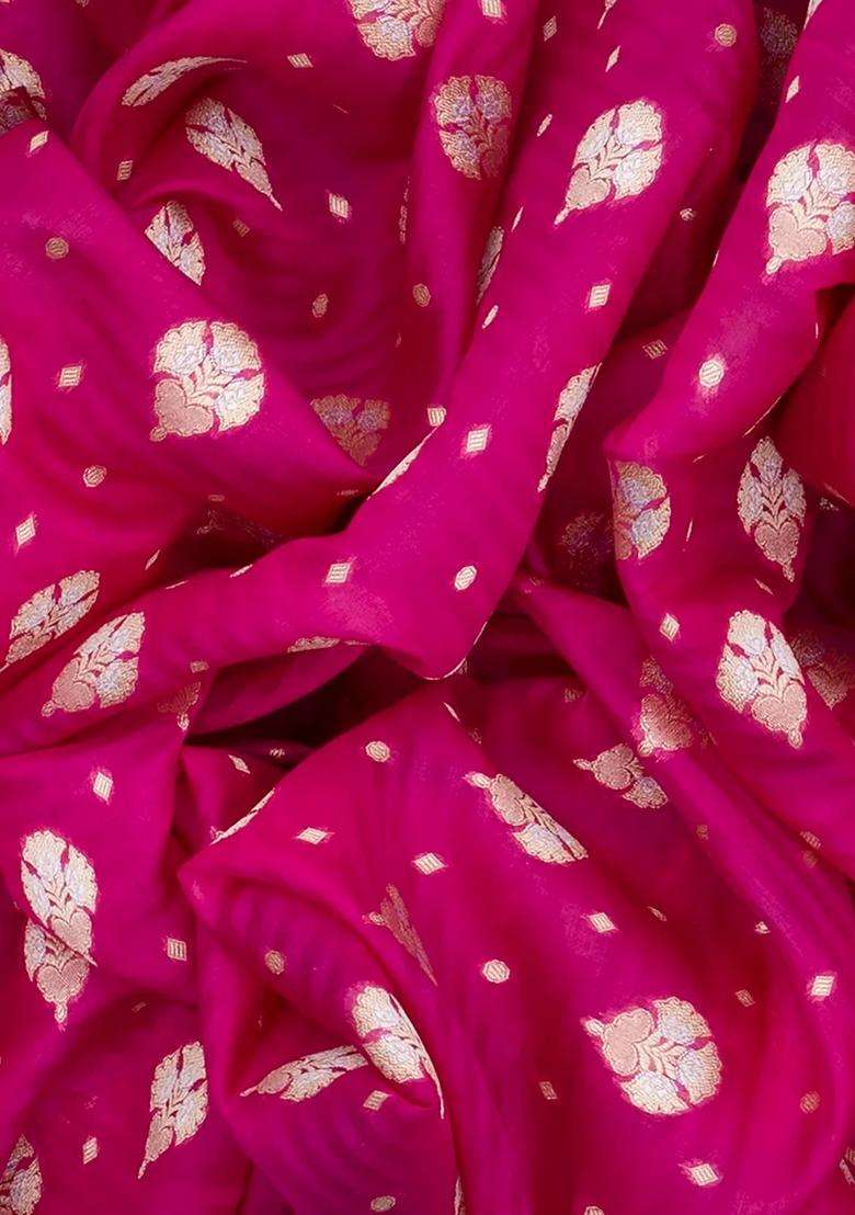 Hot Pink Handwoven Banarasi Organza Silk Saree With Floral Motifs Hot Pink With Buttas And Brocade Design For Women - Indya