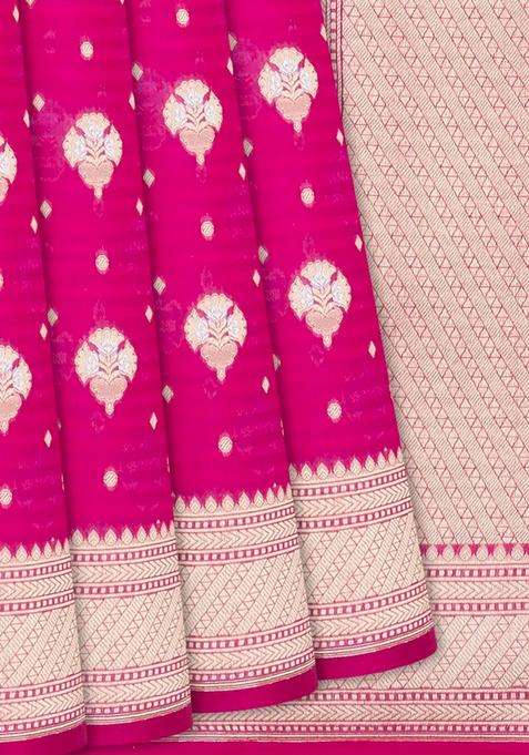Hot Pink Handwoven Banarasi Organza Silk Saree With Floral Motifs Hot Pink With Buttas And Brocade Design For Women