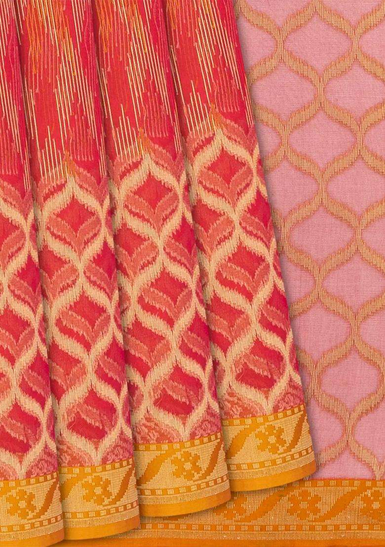 Red Handwoven Banarasi Organza Silk Saree With Chevron Motifs Red With Buttas And Brocade Design For Women - Indya