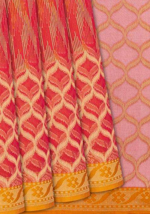 Red Handwoven Banarasi Organza Silk Saree With Chevron Motifs Red With Buttas And Brocade Design For Women