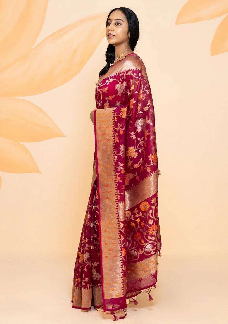 Pink Handloom Organza Silk Saree With Floral Vine Motifs Pink With Buttas And Brocade Design For Women - Indya