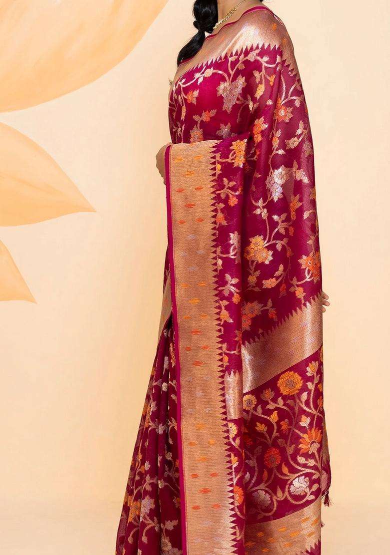 Pink Handloom Organza Silk Saree With Floral Vine Motifs Pink With Buttas And Brocade Design For Women - Indya