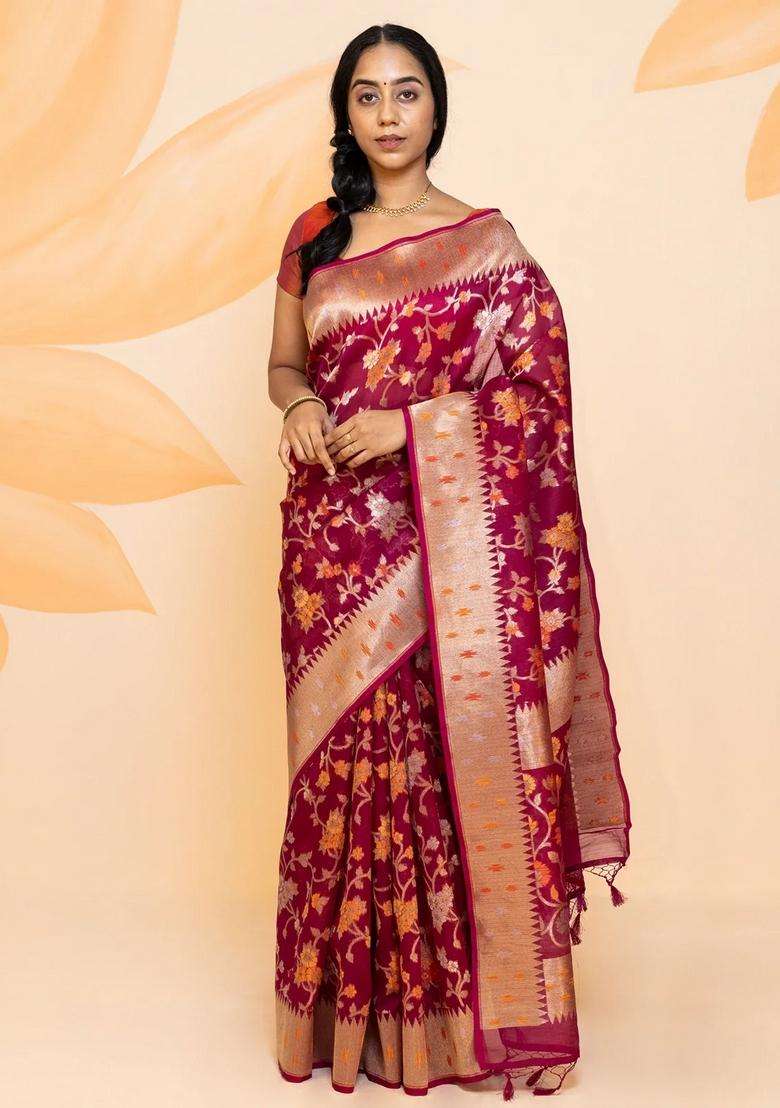 Pink Handloom Organza Silk Saree With Floral Vine Motifs Pink With Buttas And Brocade Design For Women - Indya
