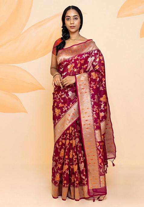 Pink Handloom Organza Silk Saree With Floral Vine Motifs Pink With Buttas And Brocade Design For Women