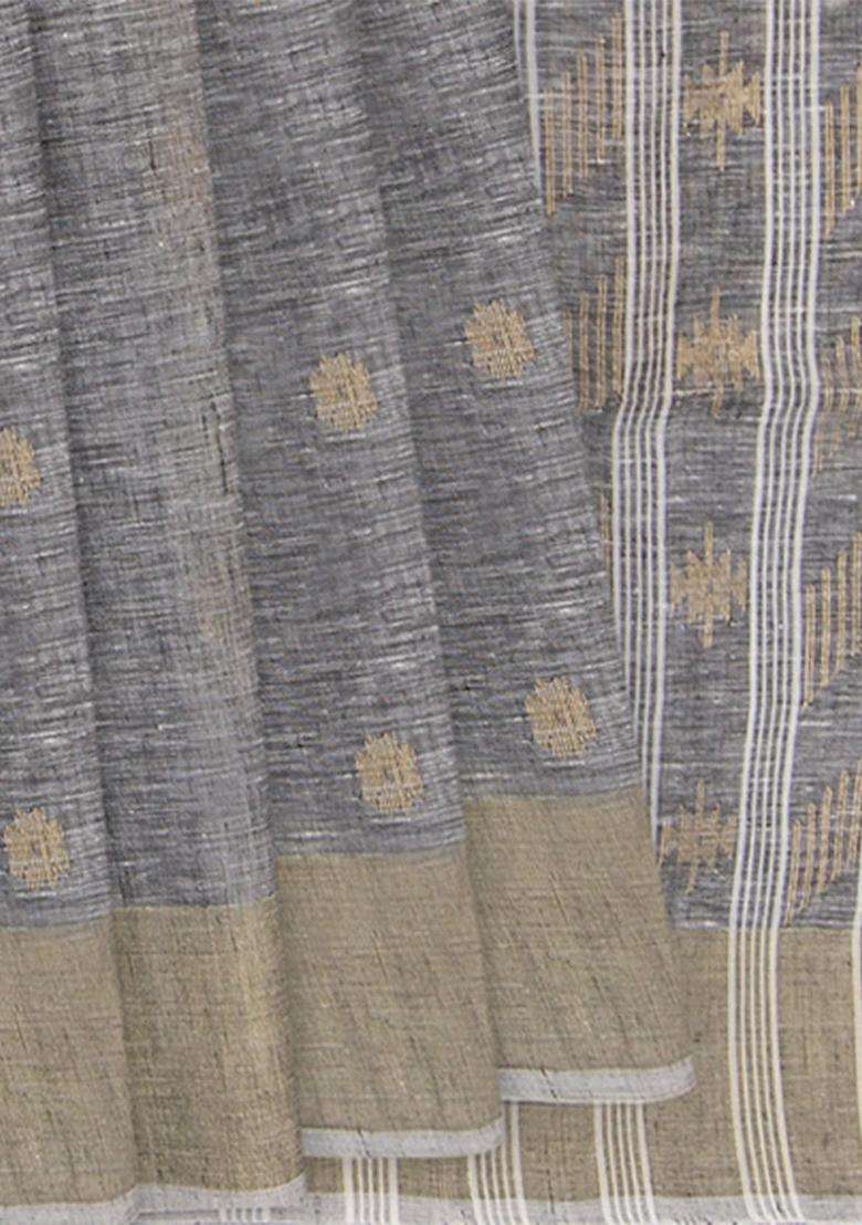 Grey Handwoven Cotton Linen Saree With Buttas And Brocade Design For Women - Indya