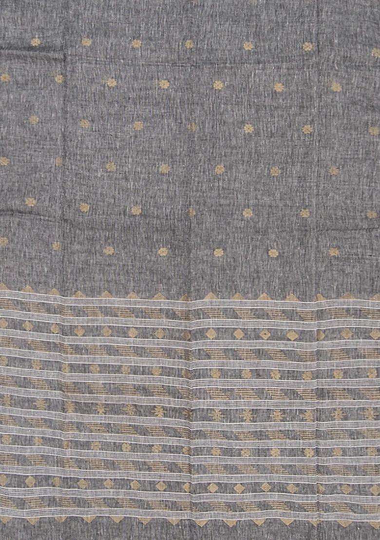 Grey Handwoven Cotton Linen Saree With Buttas And Brocade Design For Women - Indya