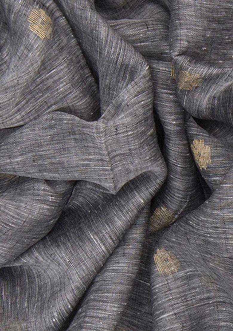 Grey Handwoven Cotton Linen Saree With Buttas And Brocade Design For Women - Indya