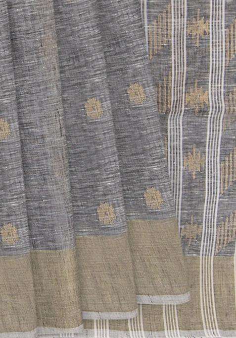 Grey Handwoven Cotton Linen Saree With Buttas And Brocade Design For Women