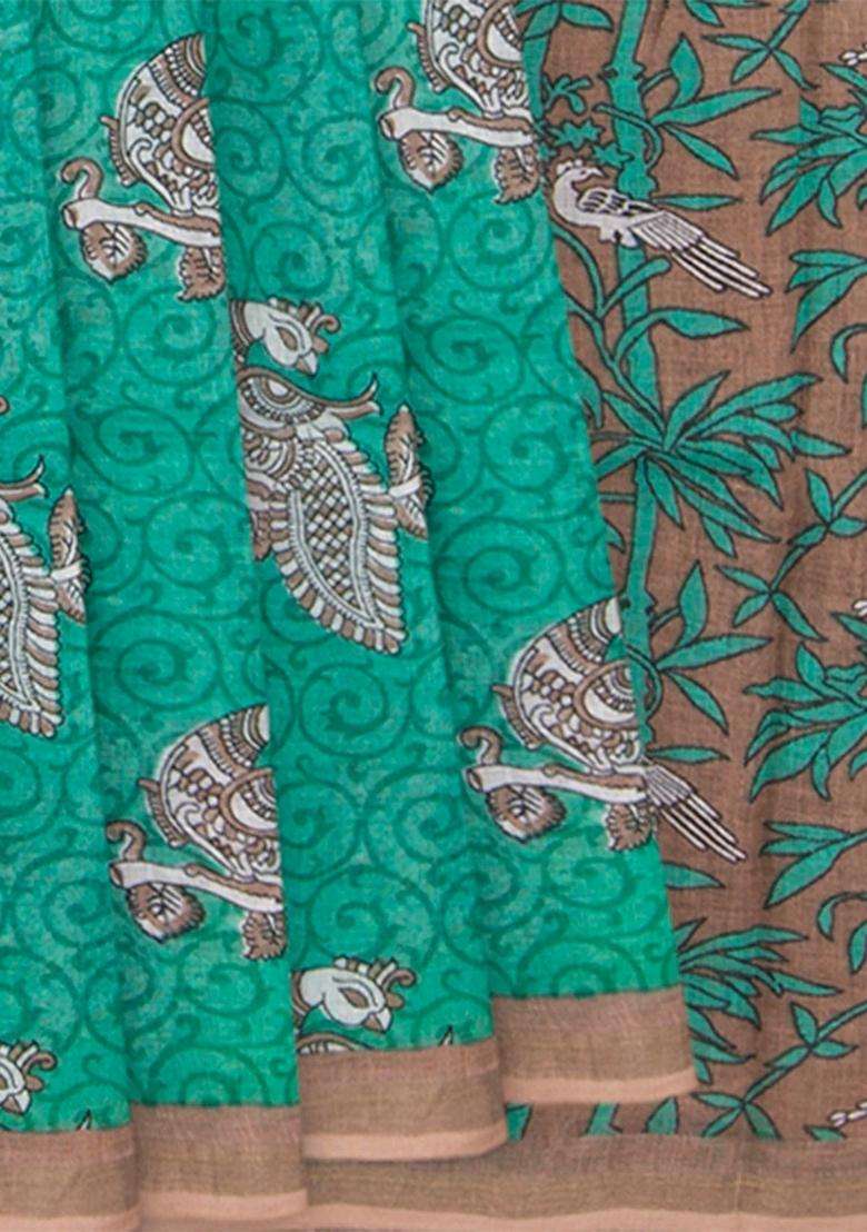 Teal Handwoven Cotton Linen Saree With Printed Design For Women - Indya