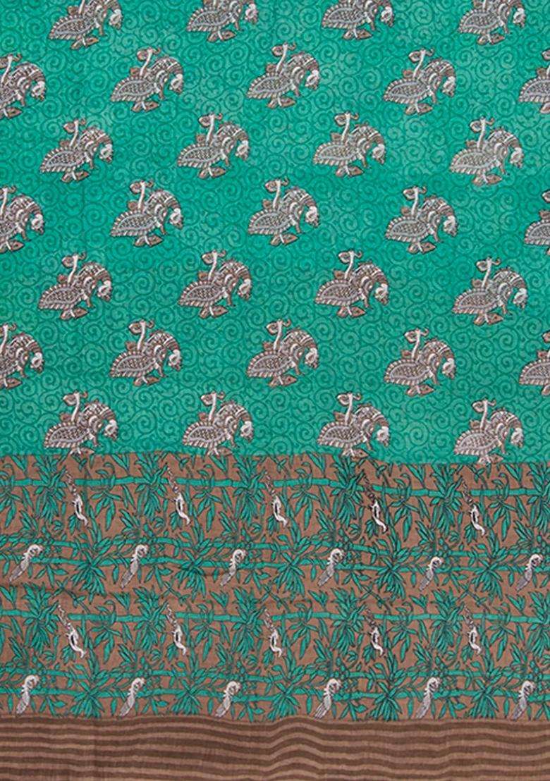 Teal Handwoven Cotton Linen Saree With Printed Design For Women - Indya