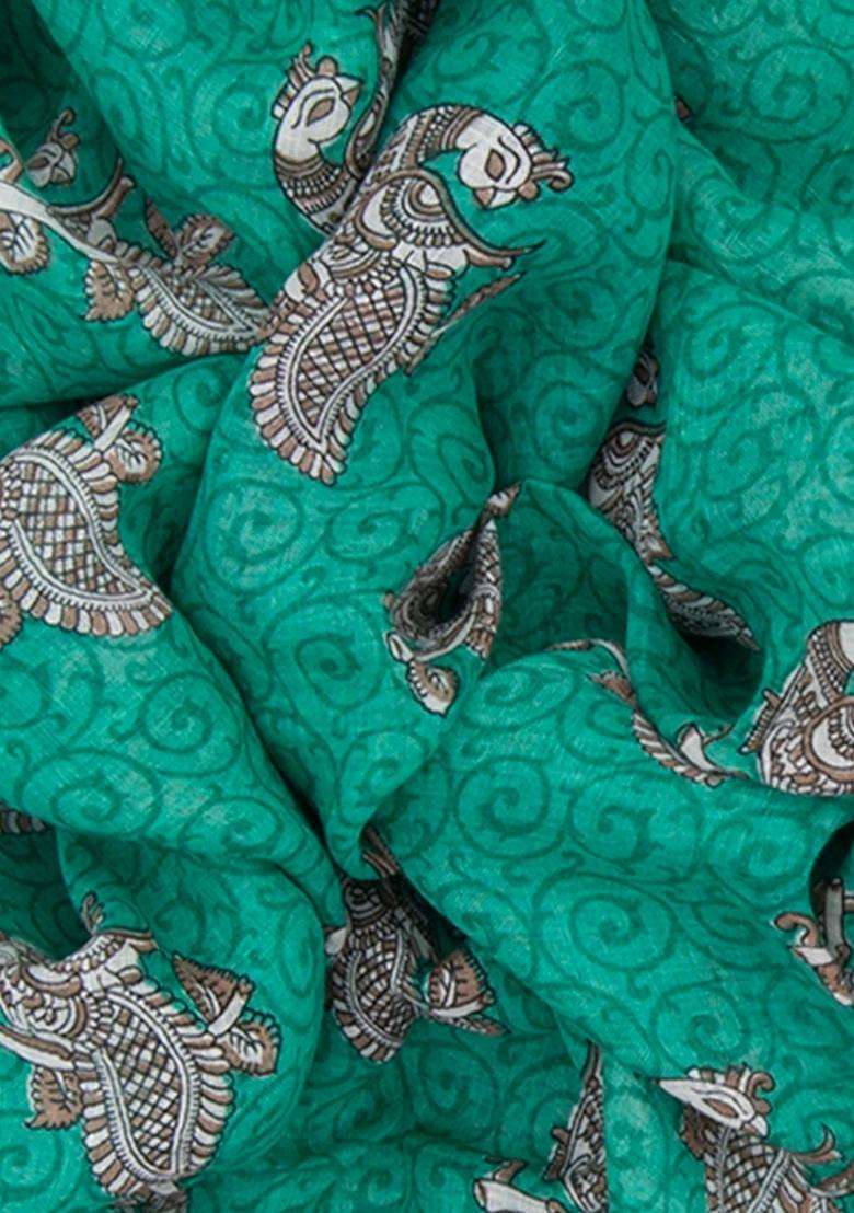 Teal Handwoven Cotton Linen Saree With Printed Design For Women - Indya