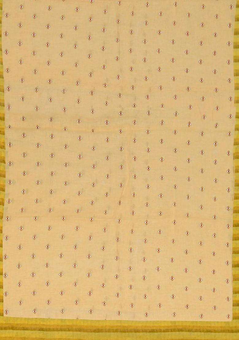 Beige Handwoven Linen Saree With Butta Contrast Yellow Border Pallu Beige With Buttas And Brocade Design For Women - Indya