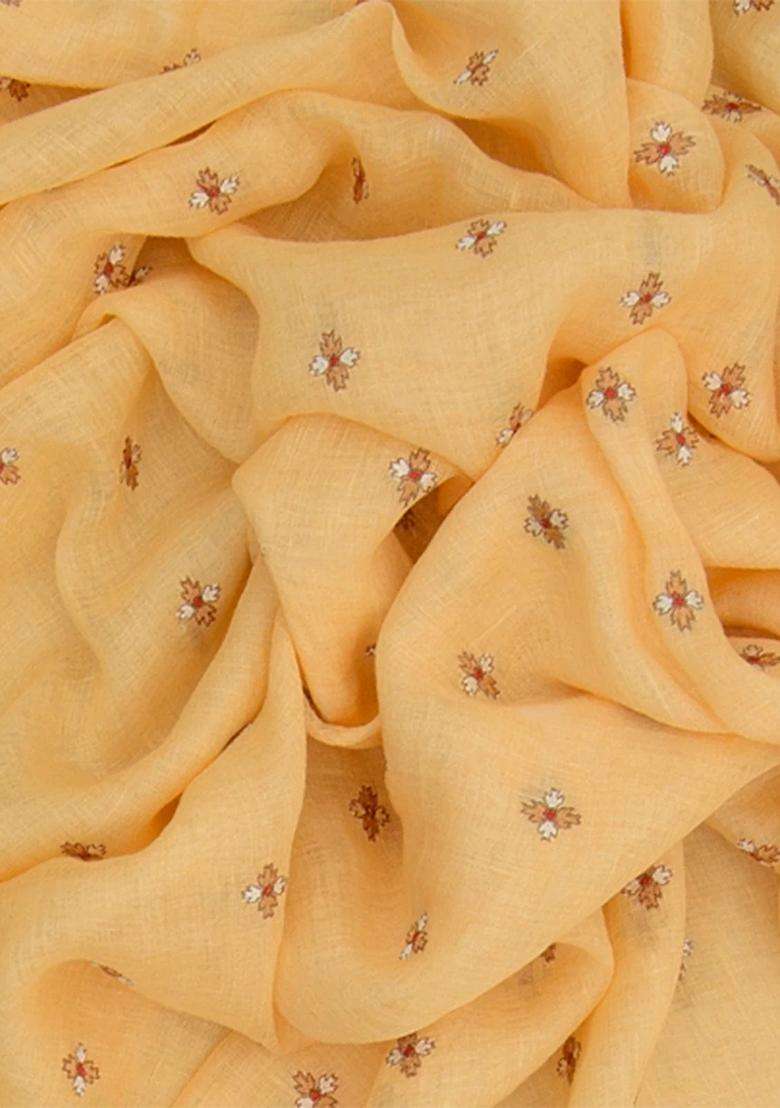 Beige Handwoven Linen Saree With Butta Contrast Yellow Border Pallu Beige With Buttas And Brocade Design For Women - Indya