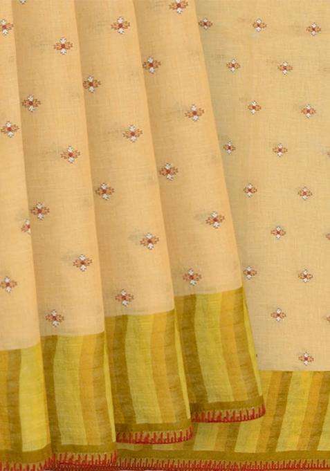 Beige Handwoven Linen Saree With Butta Contrast Yellow Border Pallu Beige With Buttas And Brocade Design For Women