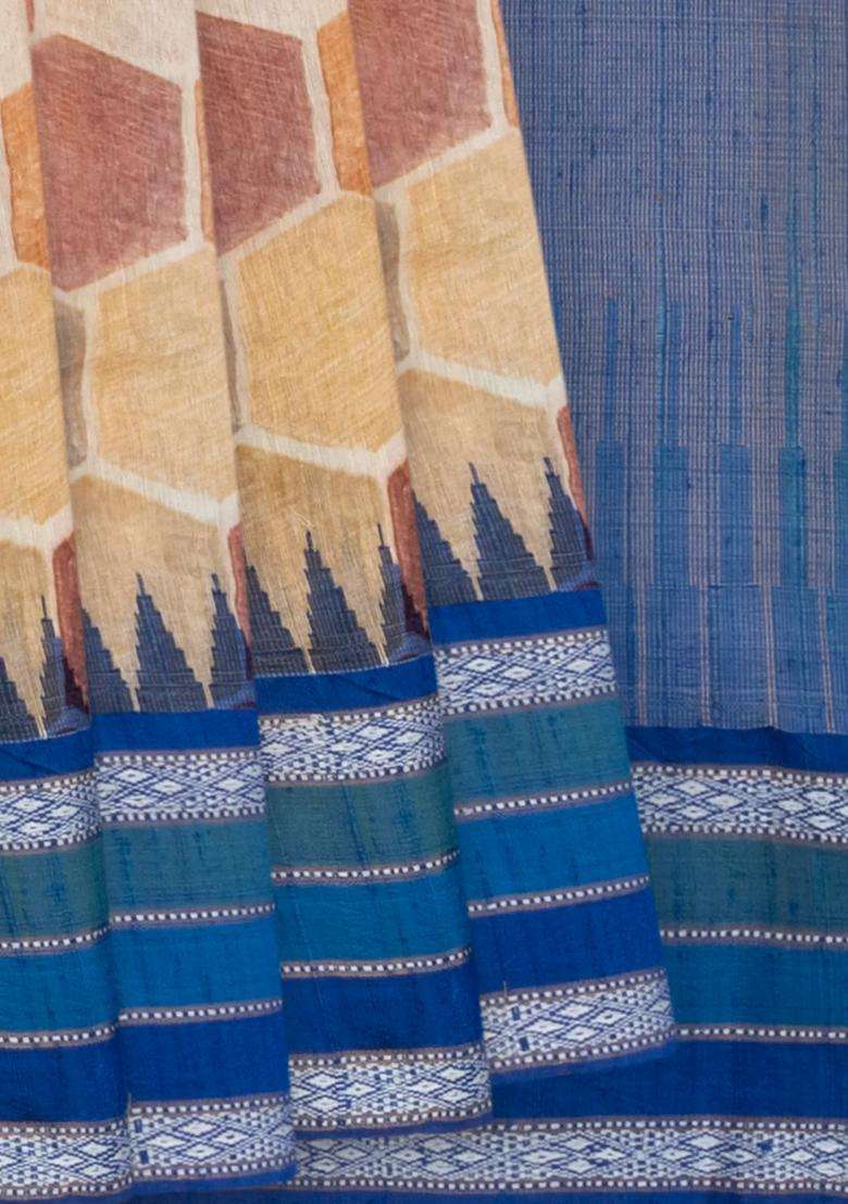 Beige Tussar Gitcha Linen Printed Silk Saree With Maroon Border Beige For Women - Indya
