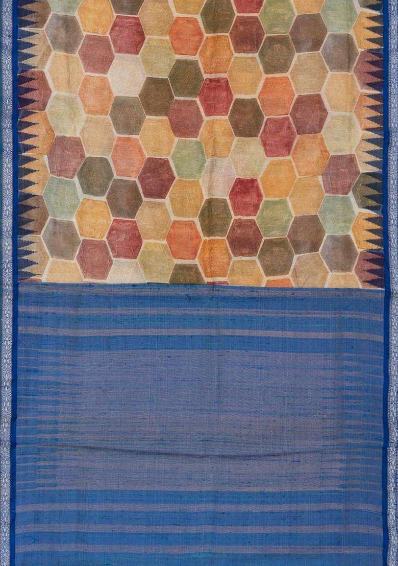 Beige Tussar Gitcha Linen Printed Silk Saree With Maroon Border Beige For Women - Indya