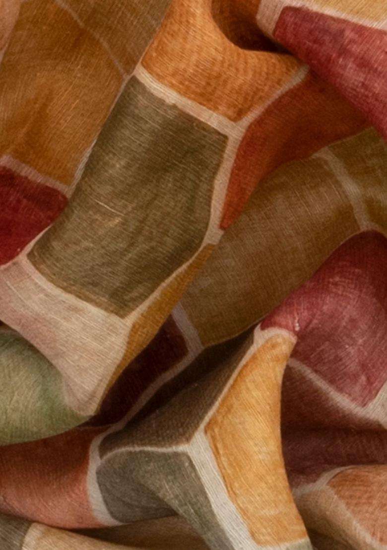 Beige Tussar Gitcha Linen Printed Silk Saree With Maroon Border Beige For Women - Indya