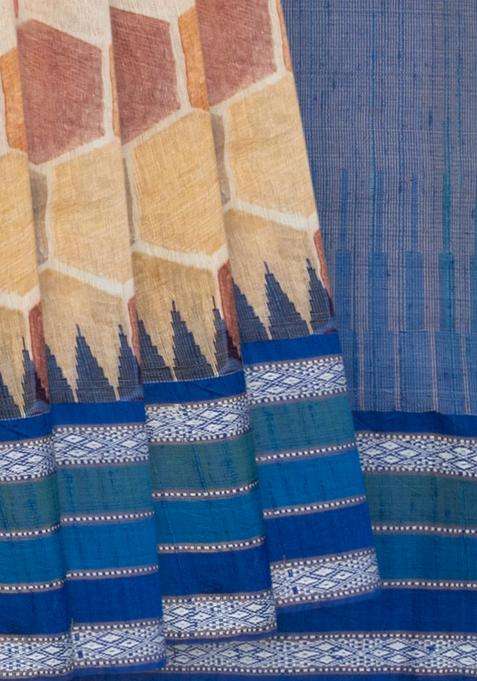 Beige Tussar Gitcha Linen Printed Silk Saree With Maroon Border Beige For Women