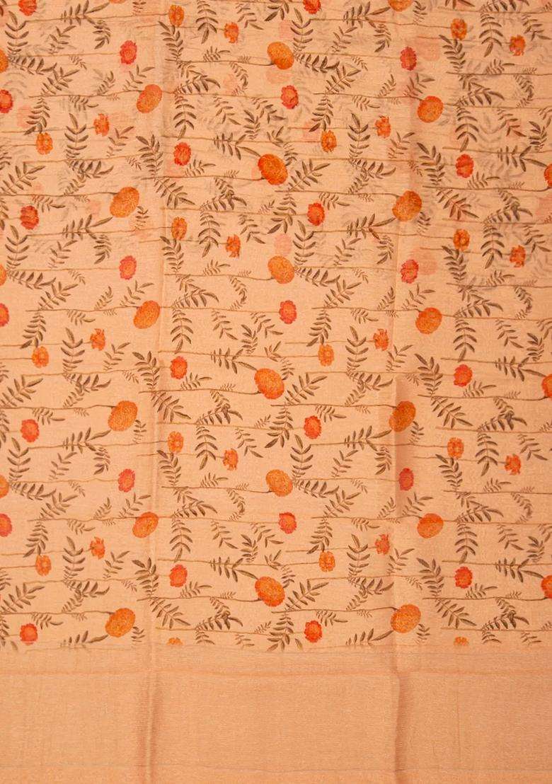 Cream Handloom Printed Linen Saree With Floral Motifs Cream For Women - Indya