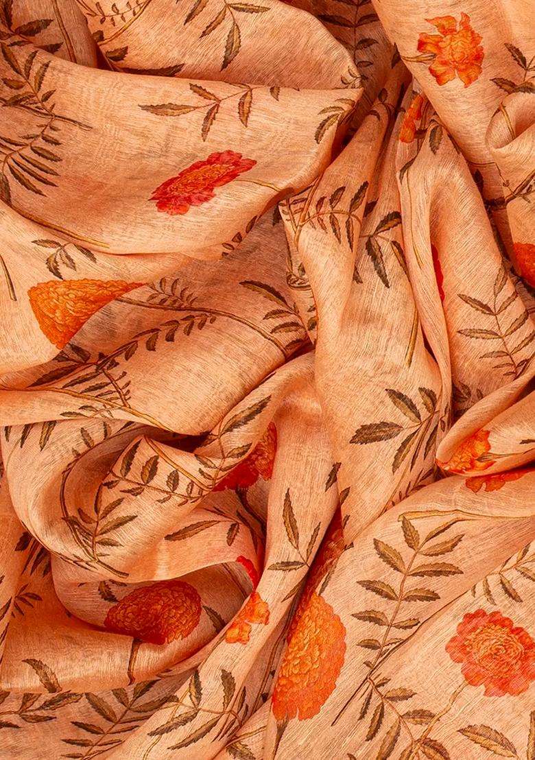 Cream Handloom Printed Linen Saree With Floral Motifs Cream For Women - Indya
