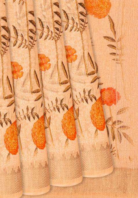 Cream Handloom Printed Linen Saree With Floral Motifs Cream For Women